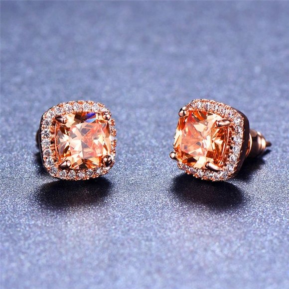 New Rose Gold Morganite Diamond Halo Stud Earrings - Picture 3 of 5